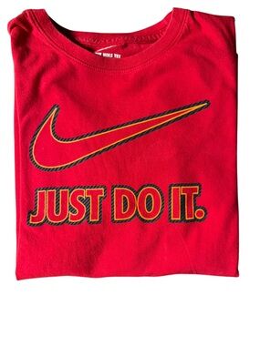 Nike Just Do It Long Sleeve Shirt Red Kids Large Swoosh Athletic Fit Cotton Tee